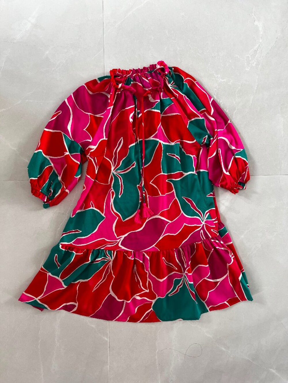 Vibrant Tropical Floral Print Puff Sleeve Tassel Mini Dress (Size Medium)